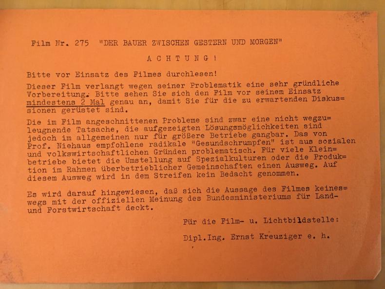 Archival record (loan card) of the Film- und Lichtbildstelle des Ministeriums für Land- und Forstwirtschaft
