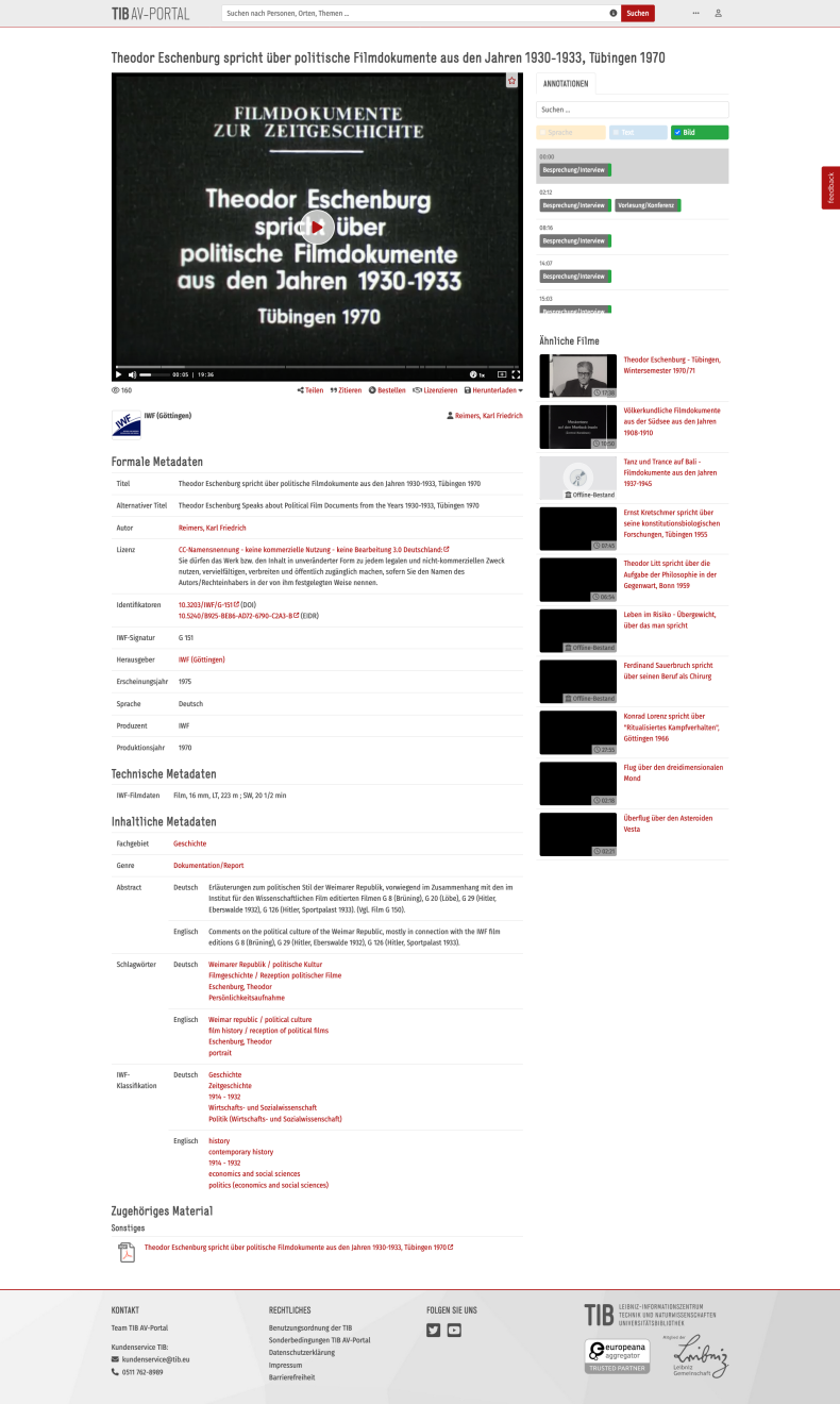 This screenshot shows, how G 151 is presented within the digital collection at the TIB-AV Portal. 